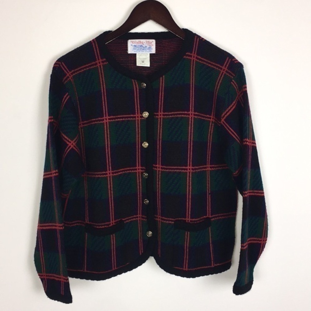 Tally-Ho Plaid Vintage Red Green Cardigan Sweater Size M